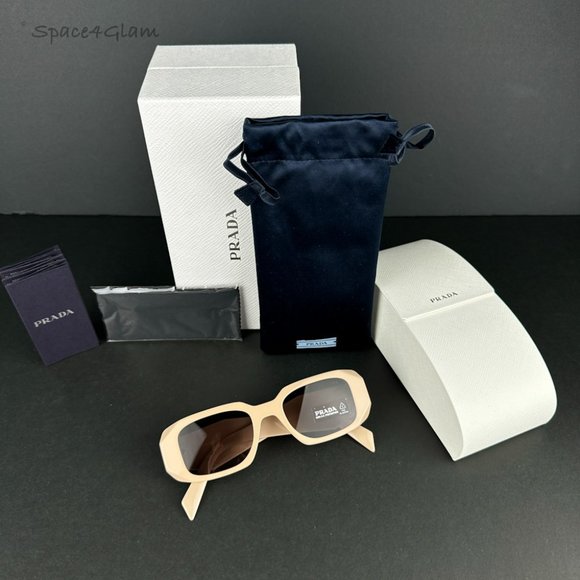 Prada PR17WS VYJ6X1 Sunglasses Powder Beige Brown Rectangle Unisex - Picture 3 of 12